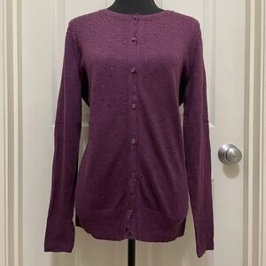 Merona Cardigan Sweater Button Front Embellished Rhinestones Purple‎ Sz Large